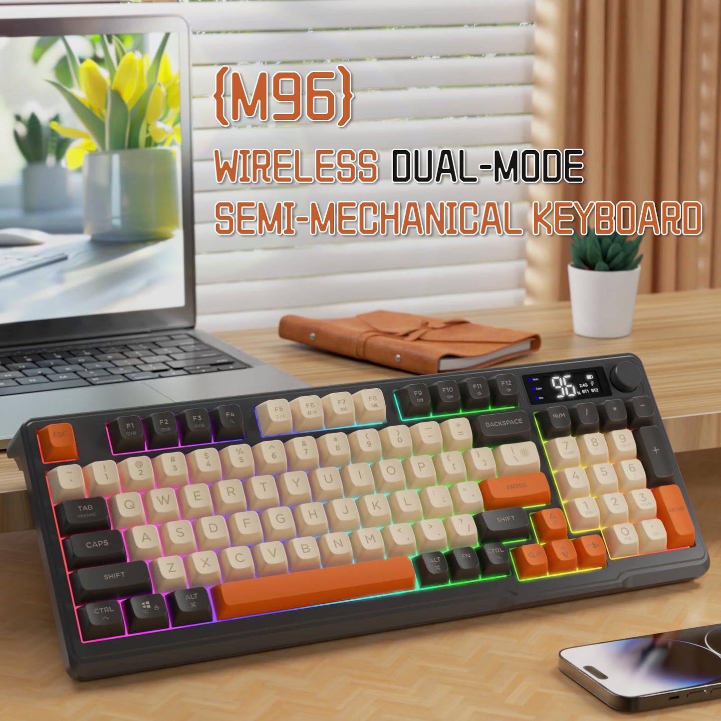 LexonElec M96 Wireless Gaming Keyboard, Bluetooth/2.4G, RGB Backlit, 94-Key Layout, PBT Keycap, Shimmer Finish