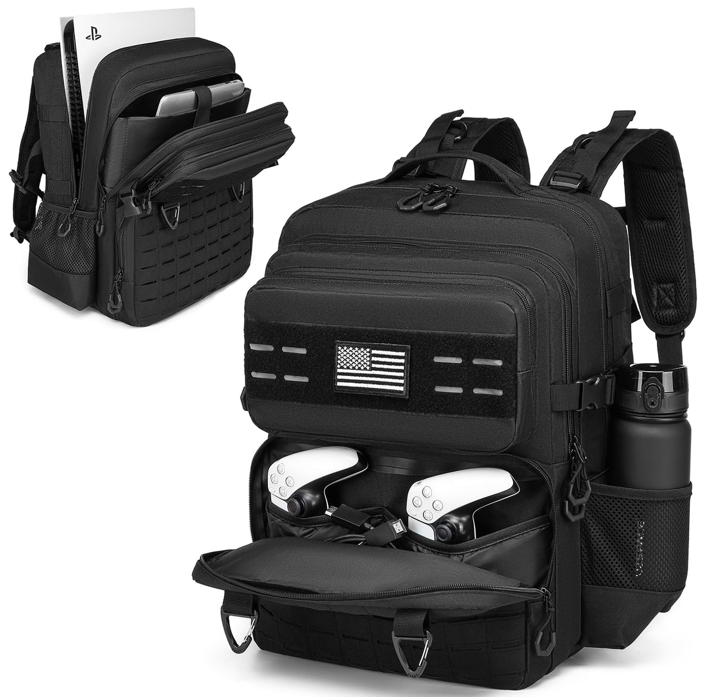 BISKLNDN Tactical Gaming Backpack for PS5, Fits PS5/PS4, 17.7x12.6x8.3, Black, Model F010
