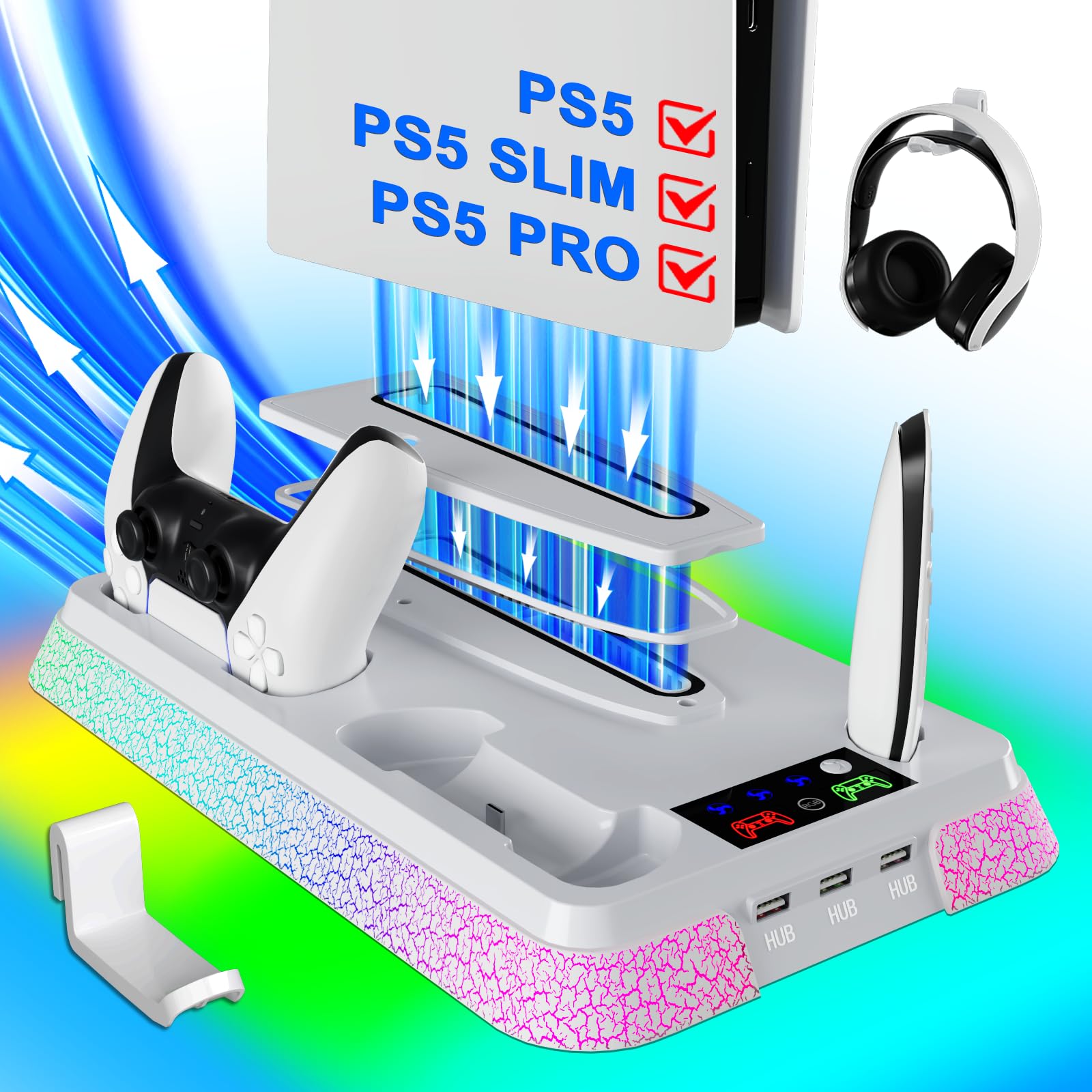 PS5/Slim/Pro Stand and Cooling Station with RGB Controller Charging Station for PlayStation 5 Console  PS5 Controller Charger  PS5 Cooling Stand  PS5/Slim/Pro Accessories Kit with 3 Level Cooler Fan