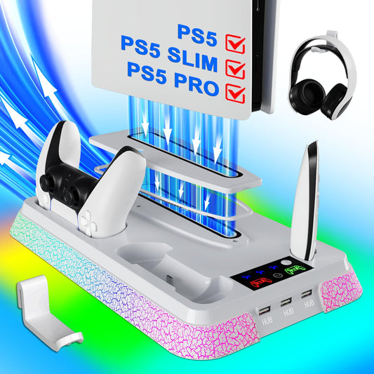 PS5/Slim/Pro Stand and Cooling Station with RGB Controller Charging Station for PlayStation 5 Console  PS5 Controller Charger  PS5 Cooling Stand  PS5/Slim/Pro Accessories Kit with 3 Level Cooler Fan