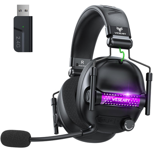 WESEARY Wireless Gaming Headset with Mic  Gaming Headphones for PS5  PS4  PC  Switch & Mac  Bluetooth 5.4 & 2.4GHz Wireless Headset  3D Surround Sound  50mm Drivers  50Hr Battery Life  LED Lighting