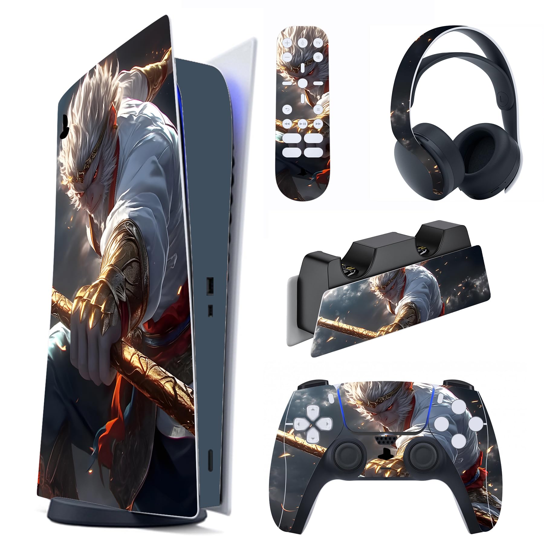 PlayVital Full Set Skin Decal for ps5 Console Digital Edition  Sticker Vinyl Decal Cover for ps5 Controller & Charging Station & Headset & Media Remote - Sage Wukong