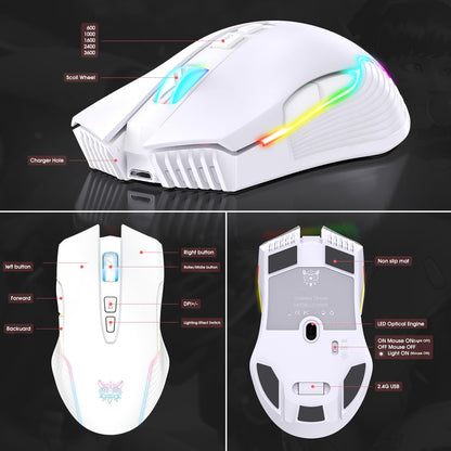 PHNIXGAM Wireless Gaming Mouse - Ergonomic RGB, 3600 DPI, 7 Buttons, White