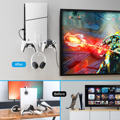JOYTORN Wall Mount Kit for Mini PS5 Slim - Controller Holder, Headset Stand, Charging Cable - White, Model P5179