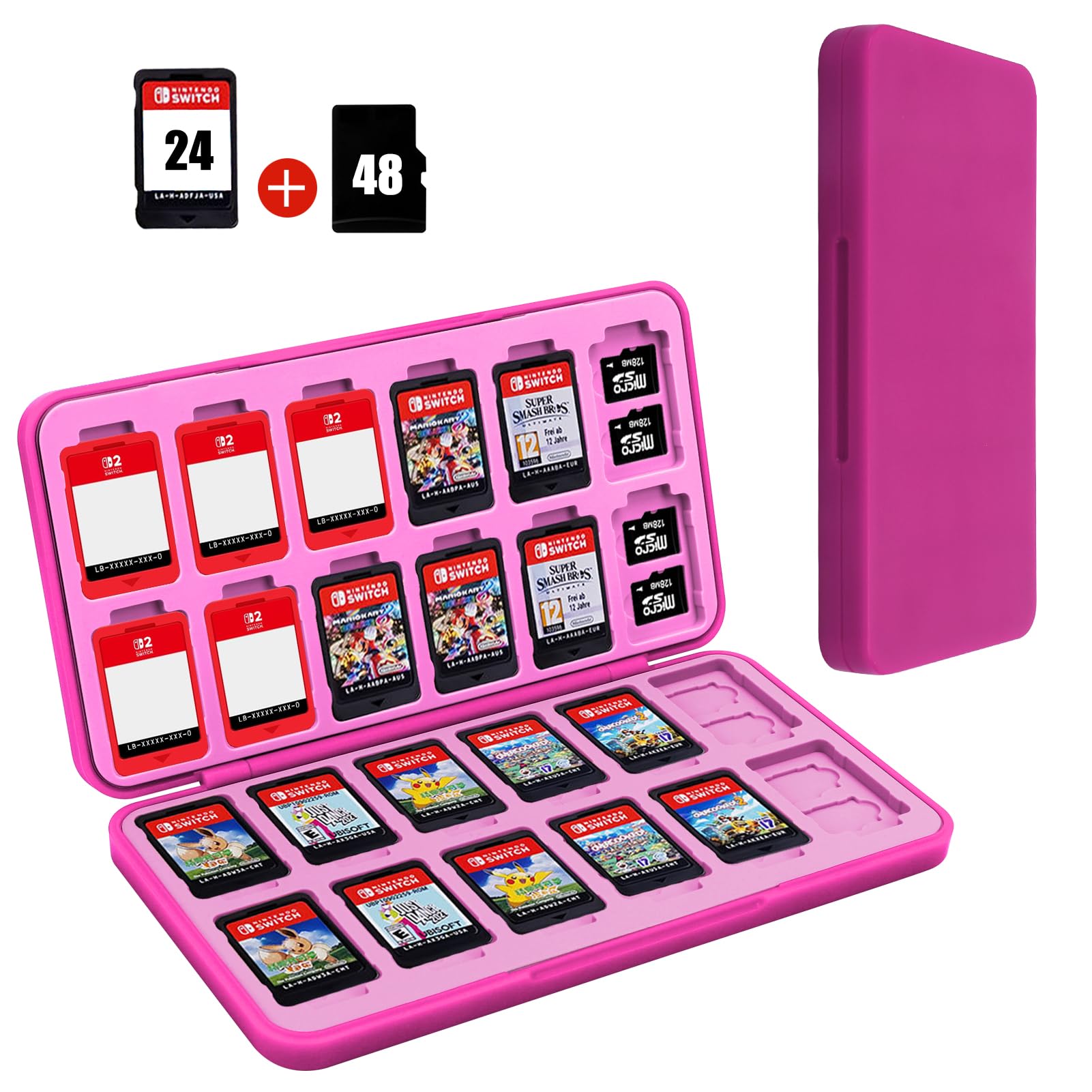 FYY Nintendo Switch Game Case Holder for Switch 2 refill unit Case with 24 Game Card sections & 48 Micro SD Card sections  Hard Shell  Silicone Lining Magenta Pink
