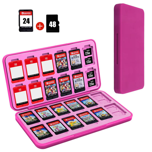 FYY Nintendo Switch Game Case Holder for Switch 2 refill unit Case with 24 Game Card sections & 48 Micro SD Card sections  Hard Shell  Silicone Lining Magenta Pink