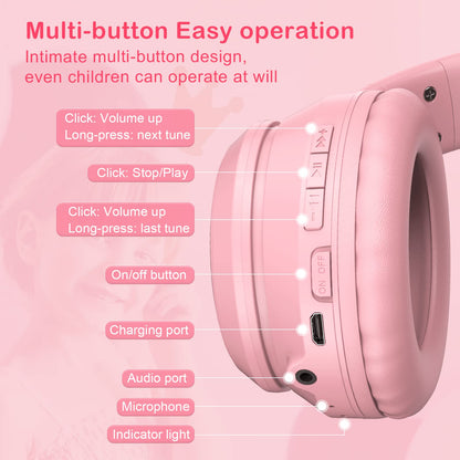 SIMGAL B90 Bluetooth Cat Ear Headphones for Kids - Foldable, Wired/Wireless, Pink, with Mic & RGB LED Light