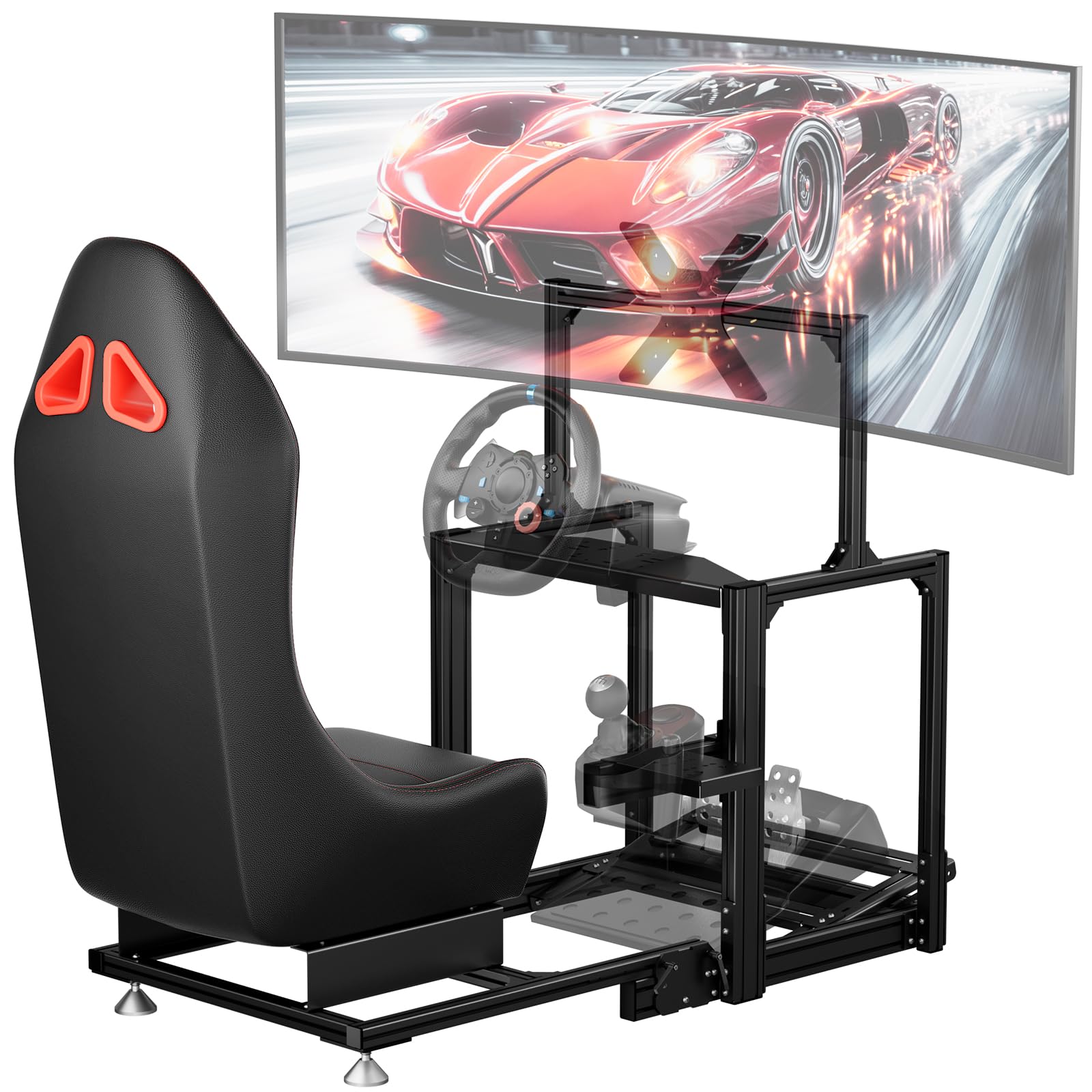 RACGTING Aluminum Racing Simulator Cockpit with TV Mount, Foldable racing sim cockpit for Logitech/Thrustmaster/MOZA/FANATEC (Wh