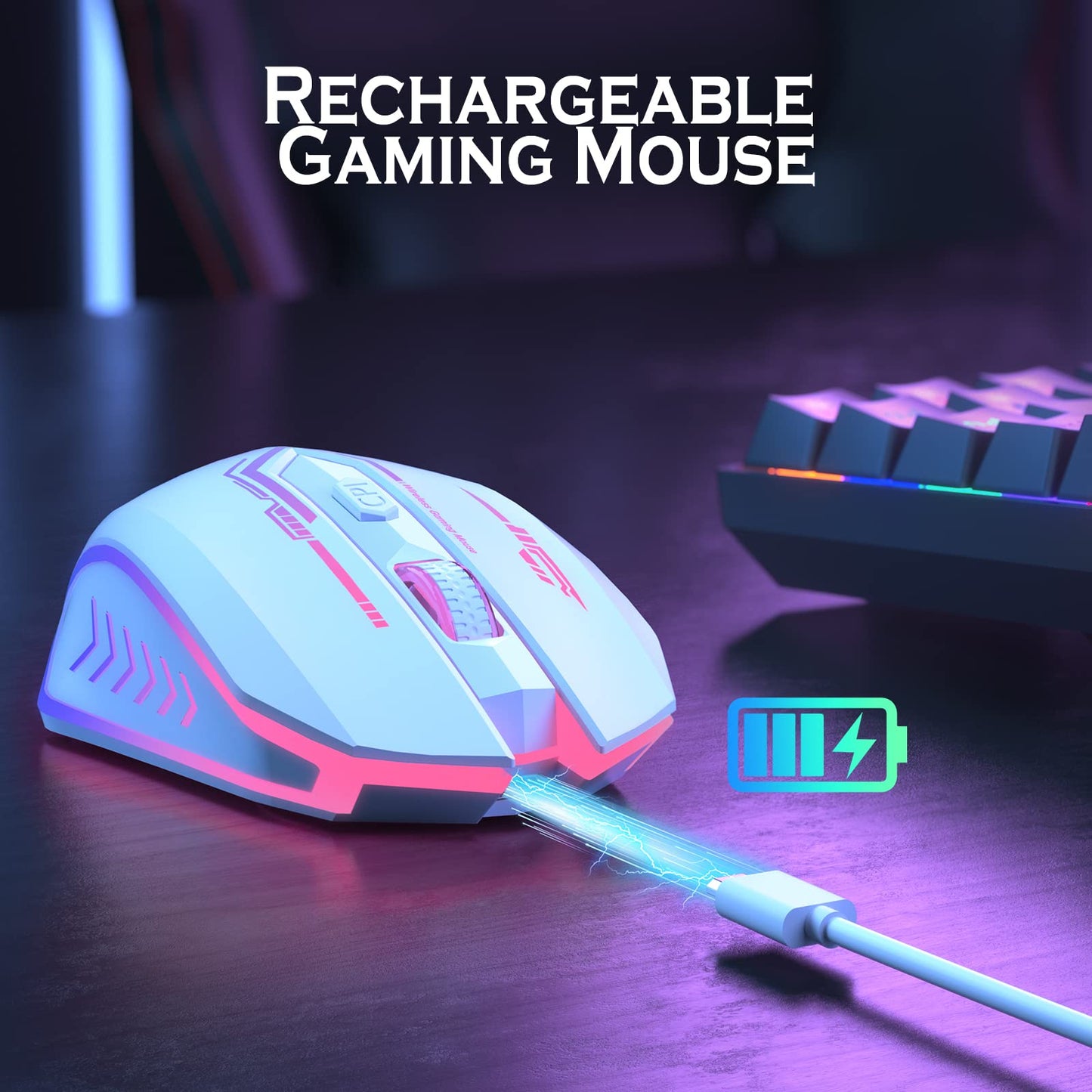 UHURU Wireless Gaming Mouse WM-02, 10000 DPI, 6 Buttons, 7 LED Colors, Rechargeable, White