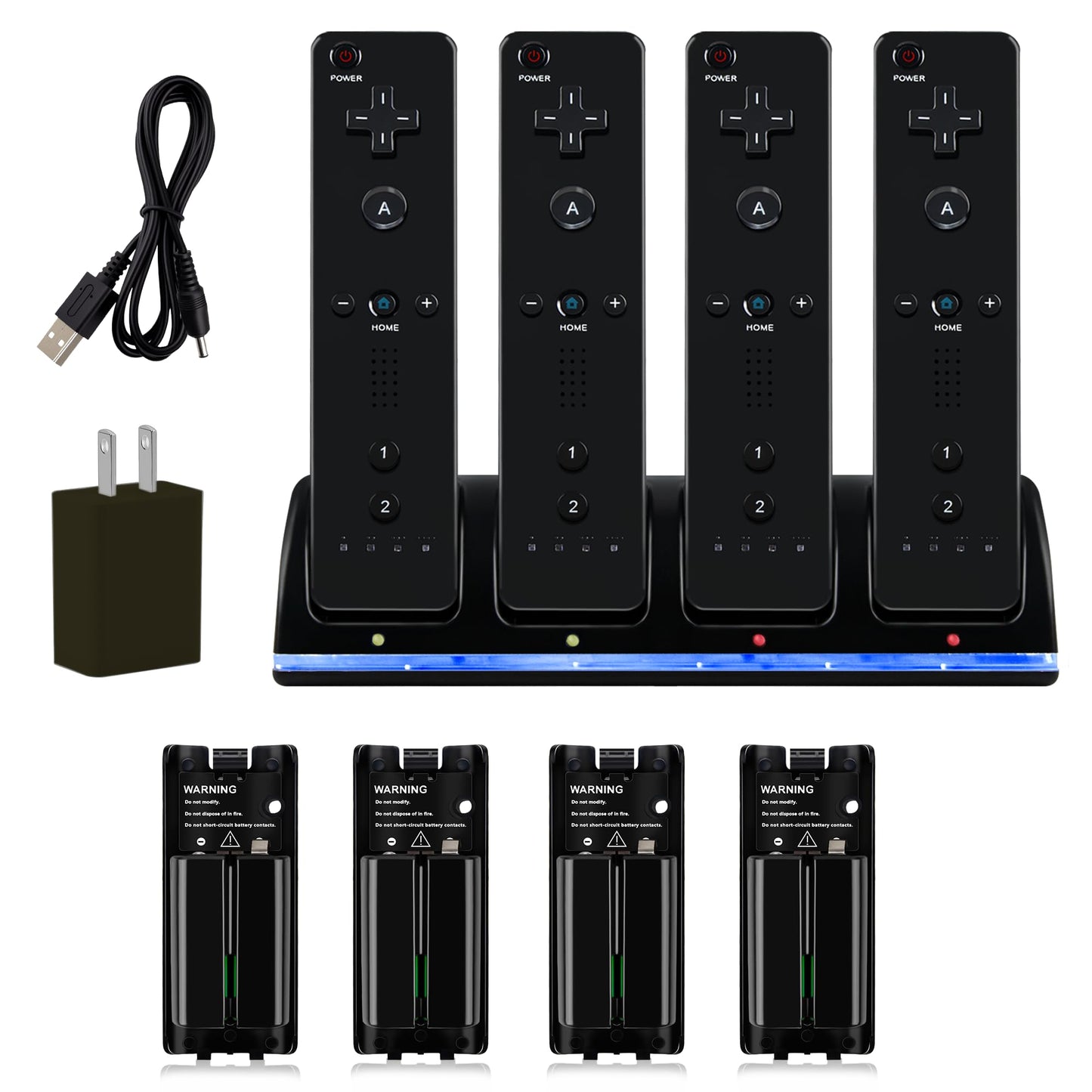 DTianSir 4 in 1 Wii Remote Charger Charging Station with 4 Pack 2800mAh Rechargeable Battery Plugs USB Cable for Wii/Wii U Remote Controller (Black)