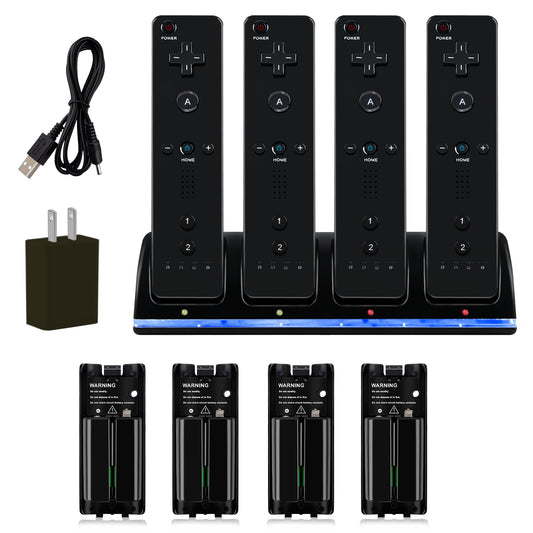 DTianSir 4 in 1 Wii Remote Charger Charging Station with 4 Pack 2800mAh Rechargeable Battery Plugs USB Cable for Wii/Wii U Remote Controller (Black)