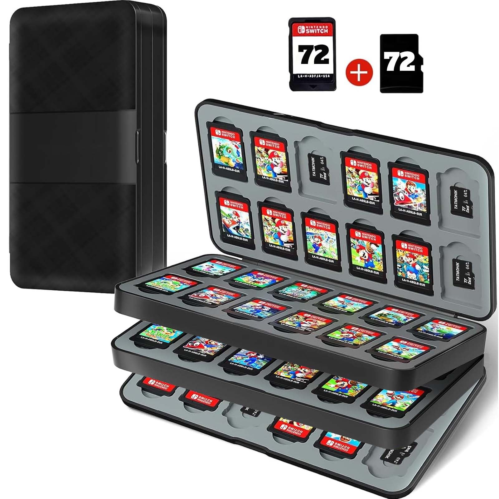 TATMOHIK Switch Game Case for 72 Nintendo Switch Games card & 72 Micro SD Cards Nintendo Switch Game Holder refill unit with 72 sections Compact & Portable Game Storage Case Box(Black)