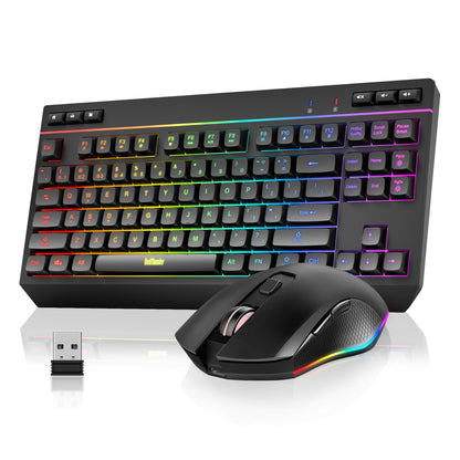 RedThunder K20 TKL Wireless Keyboard & Mouse Combo, RGB Backlit, Compact, Black, Rechargeable