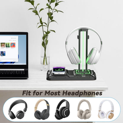 KDD Headphone & Controller Stand with Wireless Charging, Rotatable, 9 Light Modes, 2 USB & Type C Ports, Black - Model KDD-752W