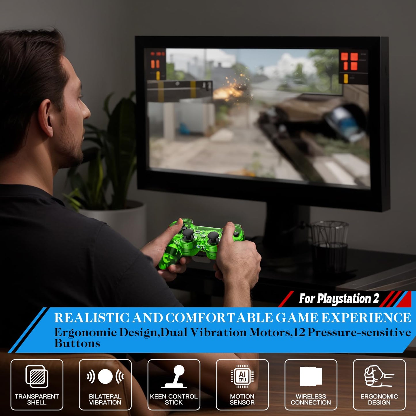 Zeion Wired Controller for PS2 Double Shock - 2 Pack Gamepad, Clear Green & Clear Blue