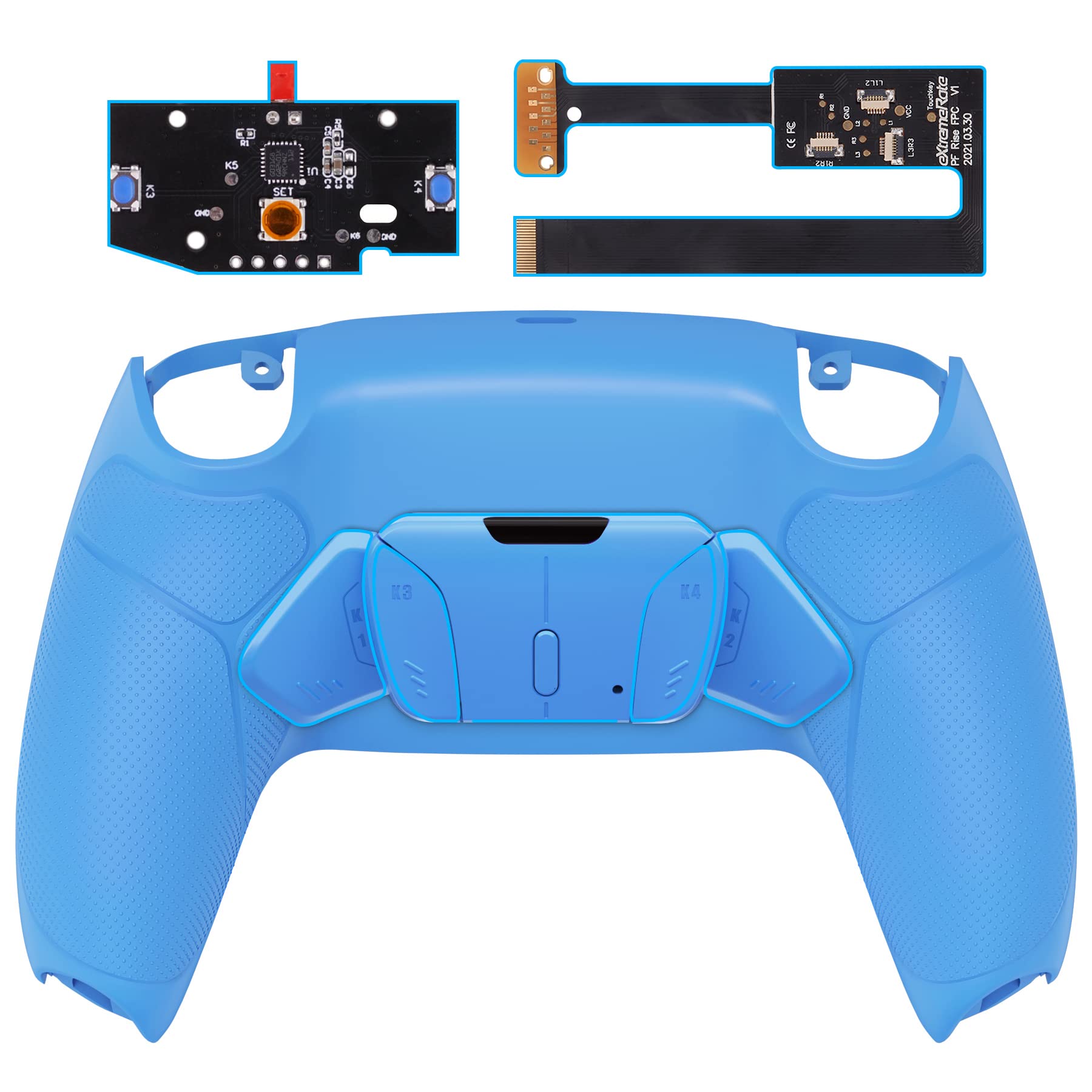 eXtremeRate Starlight Blue Rubberized Grip Programable RISE4 Remap Kit for PS5 Controller BDM-010 BDM-020 Models  Upgrade Board & Redesigned Back Shell & 4 Back Buttons for PS5 Controller
