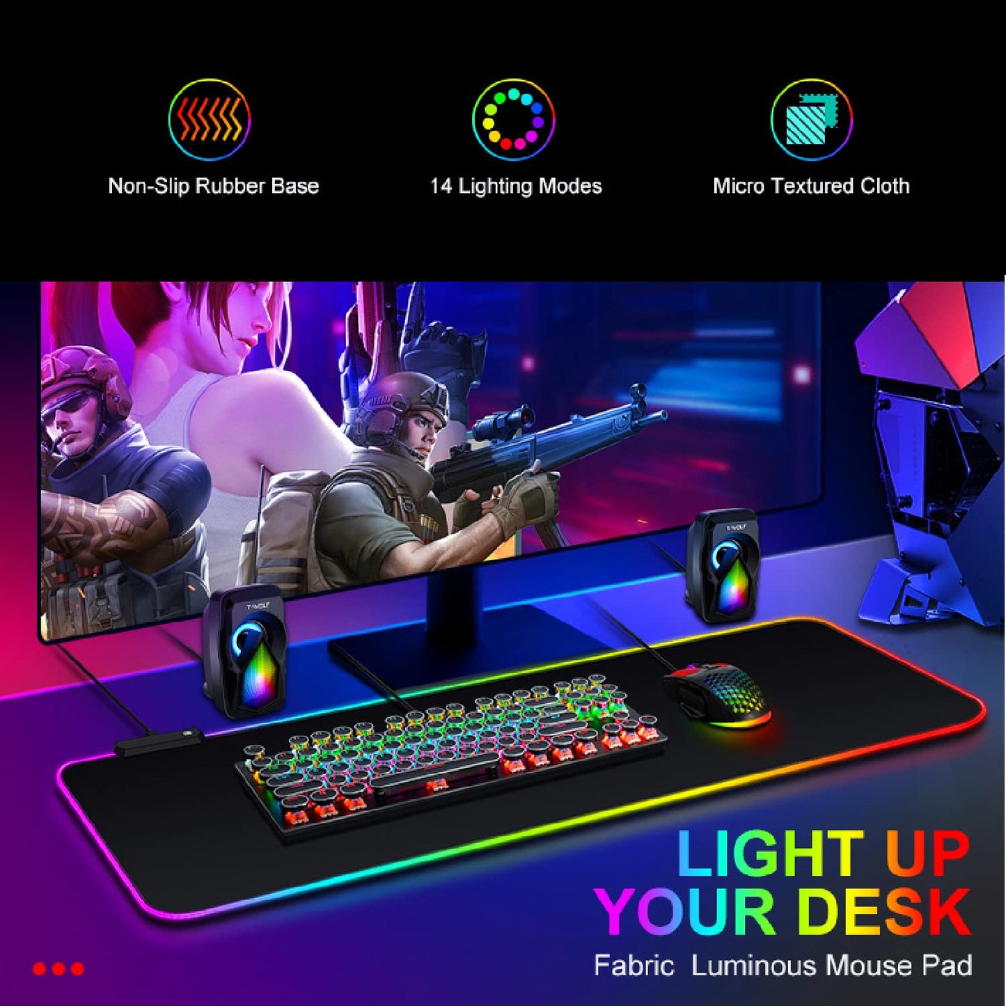 TalkWorks Extra Large RGB Gaming Mousepad - 12x31.5 inches, Black, Non-Slip Rubber Base, 7 Colors, 14 Lighting Modes, USB Interface
