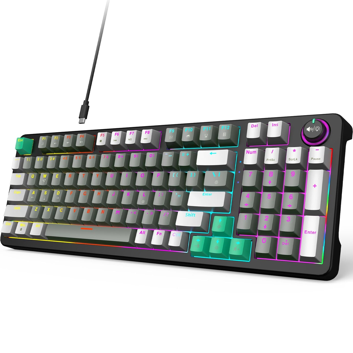 GEEZER Mechanical Gaming Keyboard with LED Backlit  Blue Switch  Volume Knob  96 Keys Full Size Compact USB Wired Computer Keyboards for Office Windows Laptop PC & Mac Gamer - Grey & Black