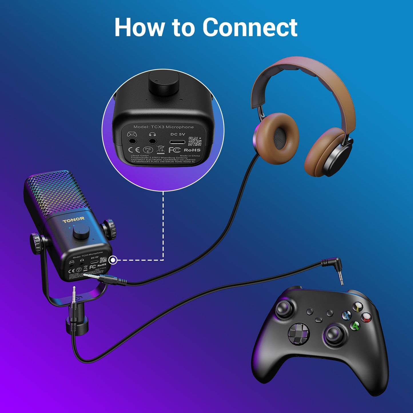 TONOR Gaming Mic TCX3+ - RGB Streaming Boom Mic, 30H Battery, Low Noise, One Tap Mute, Black, 16.14x5.67x5.04