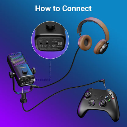 TONOR Gaming Mic TCX3+ - RGB Streaming Boom Mic, 30H Battery, Low Noise, One Tap Mute, Black, 16.14x5.67x5.04