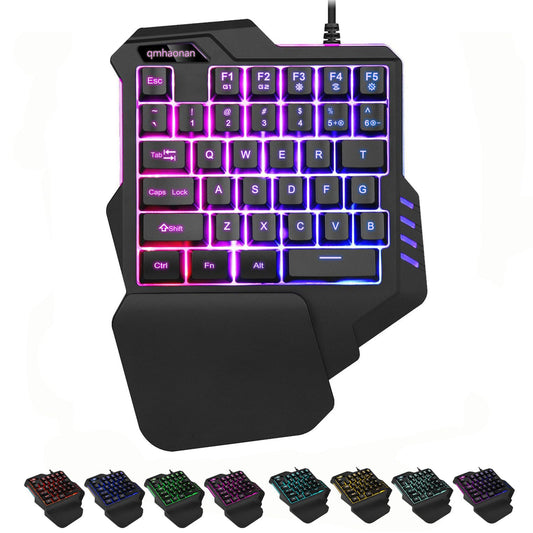 qmhaonan RGB One Handed Keyboard, Wired Gaming Backlit 35 Keys, Mini Portable Keyboard for PS4 Xbox PC, 8 Lightning Modes