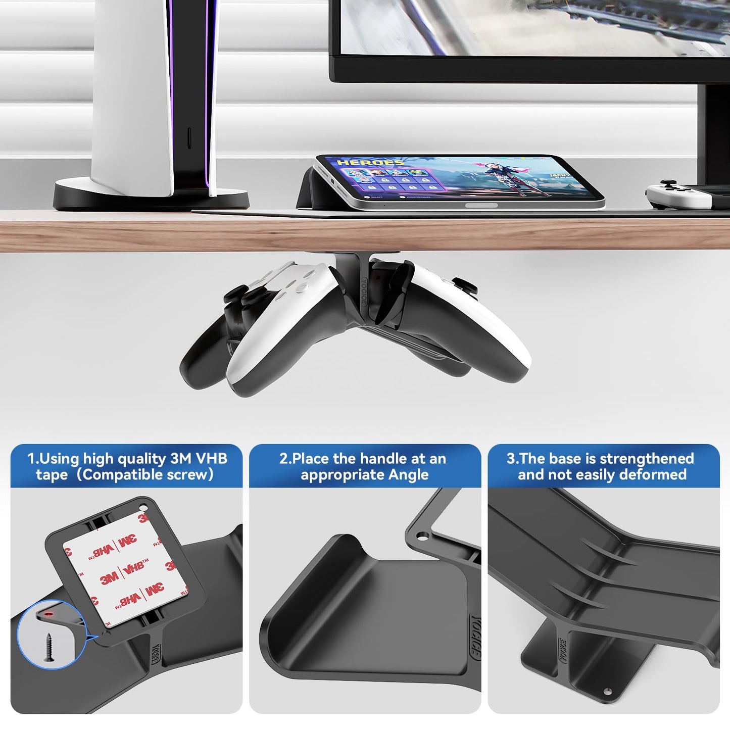 Yocice Controller Holder & Headphone Stand, Under Desk Design, Strong Double Sided Tape, Compatible with Xbox ONE, PS5, PS4, PC, Black