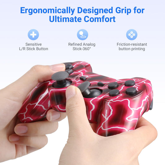 Powerextra Pro Wireless Controller for PS3 - 2 Pack, Bluetooth, Rechargeable, Double Shock, Lightning + Galaxy Color