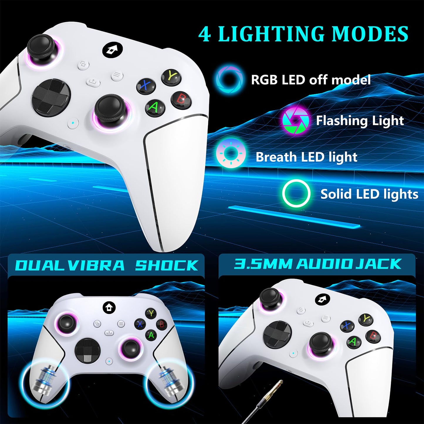 YUYIU Wireless 2.4GHz Xbox Controller with RGB Light, 1000mAh Battery, Dual Vibration, Turbo, 3.5mm Audio Jack - Pearl White