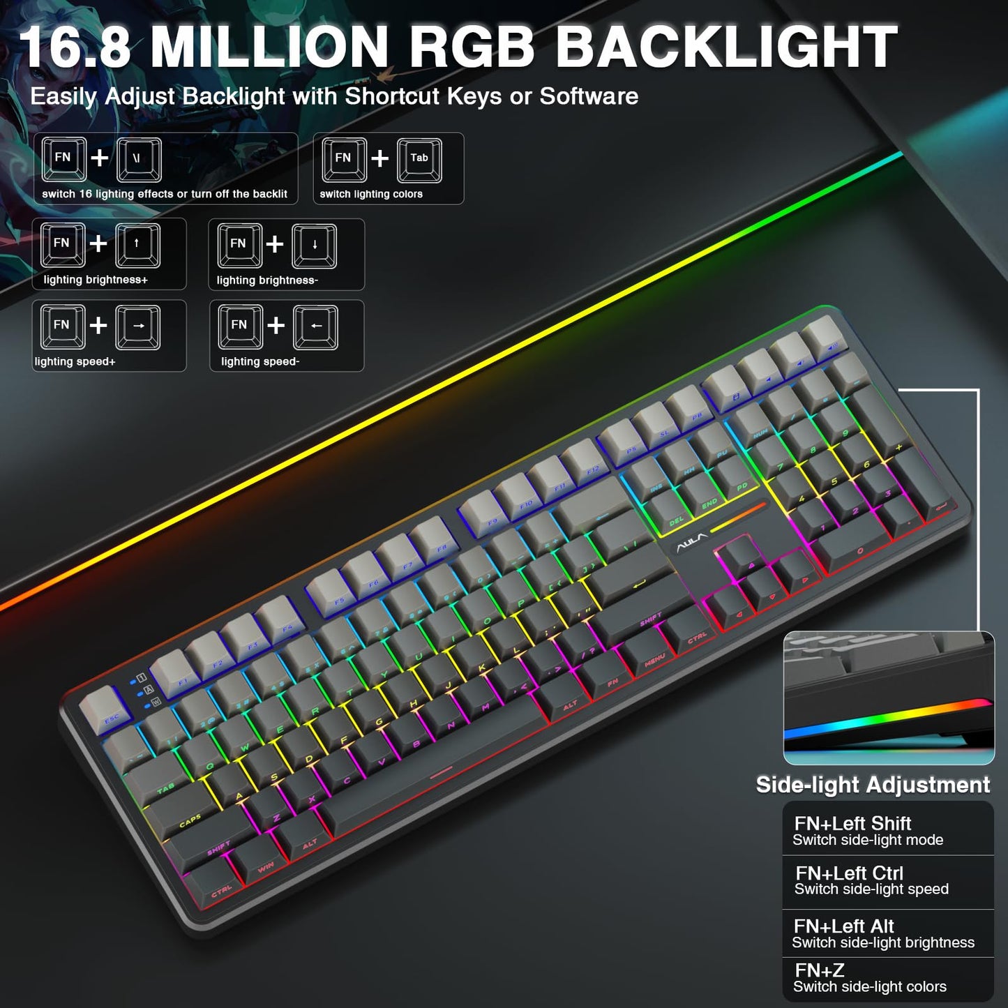 AULA F108 Wireless Mechanical Gaming Keyboard - Full Size, RGB Backlit, Hot Swappable, No Knob-Gradient Black, PBT Keycaps, 108 Keys