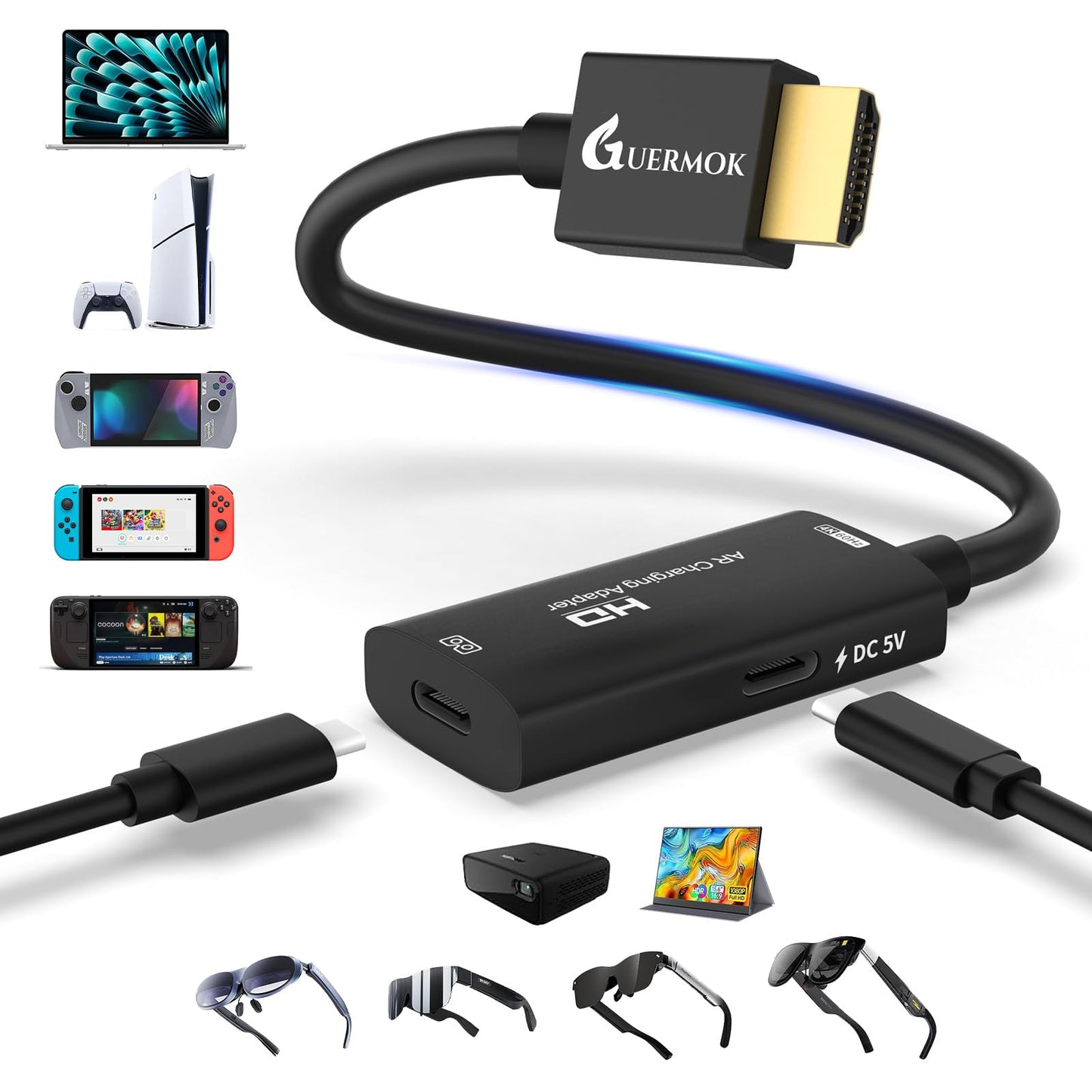 Guermok AR Glasses HDMI to USB-C Display Adapter  4K@60Hz Play and Charge XR Converter with DC 5V  for XREAL One/Air 2 Pro/RayNeo/Rokid  Steam  Switch 2/1  PS5/4  Portable Monitors (Black)