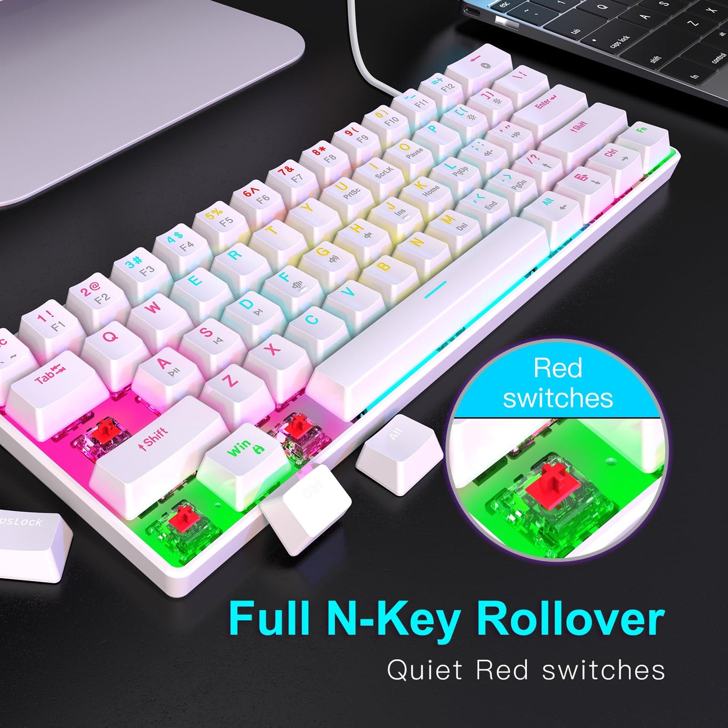 RAZEAK Portable 60% Mini Mechanical Keyboard - 61 Keys, Red Switch, Colorful Backlit, White - Model X44-WT-RS