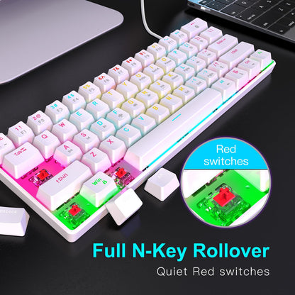 RAZEAK Portable 60% Mini Mechanical Keyboard - 61 Keys, Red Switch, Colorful Backlit, White - Model X44-WT-RS