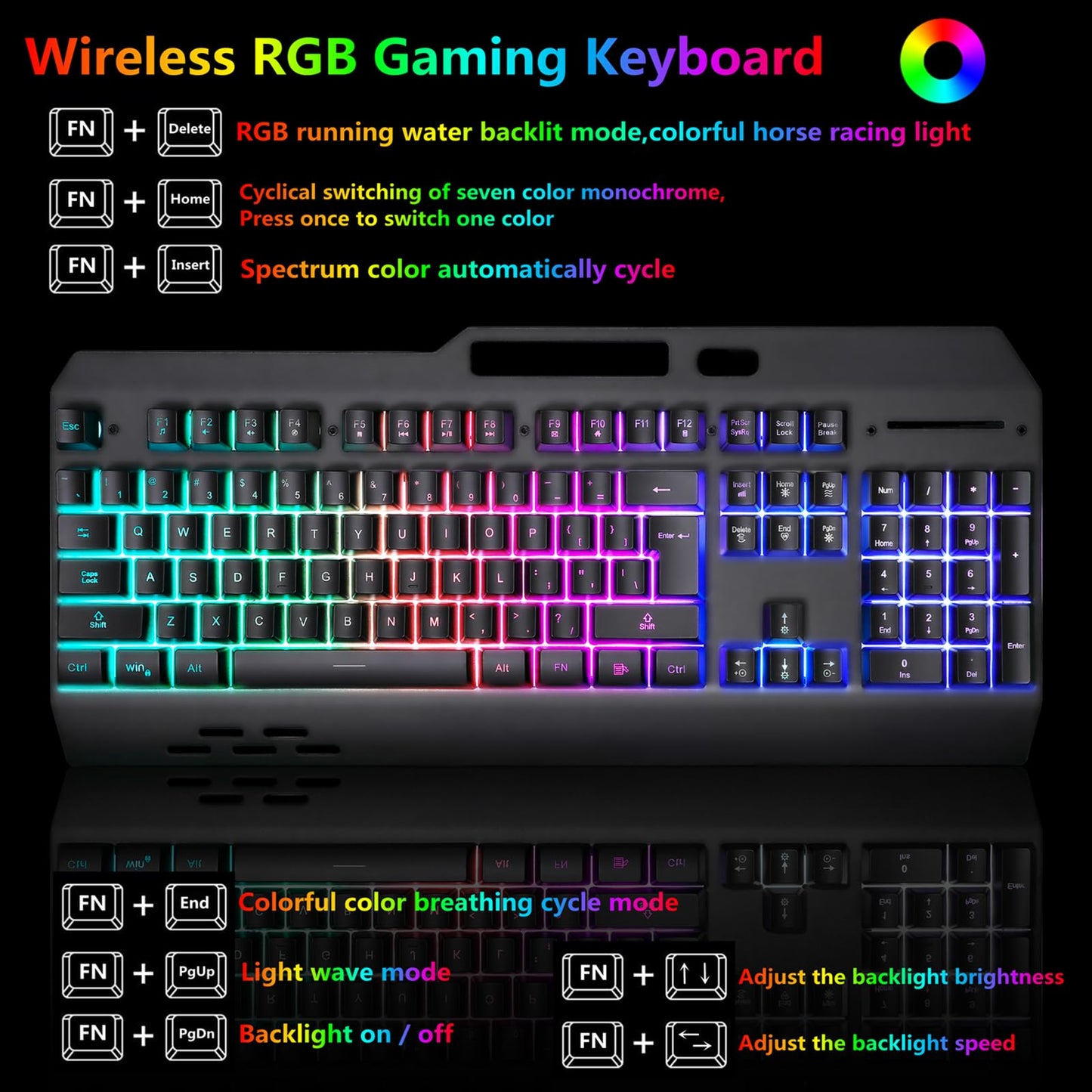 Cakce Wireless RGB Gaming Keyboard and Mouse - Rechargeable, Metal Panel, Black, 7 Colors, Long Battery Life, Includes Mouse Pad