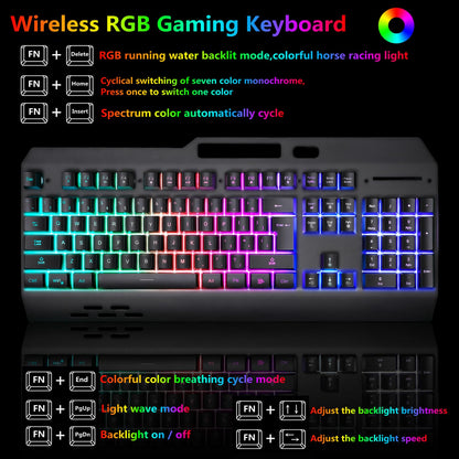 Cakce Wireless RGB Gaming Keyboard and Mouse - Rechargeable, Metal Panel, Black, 7 Colors, Long Battery Life, Includes Mouse Pad