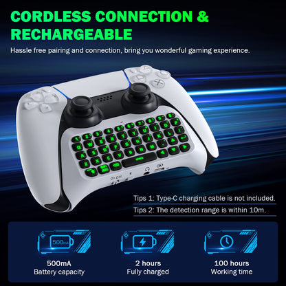 MoKo Bluetooth Wireless Mini Keypad Chatpad for PS5 Controller, Green Backlight, Off-white, Built-in Speaker & Audio Jack