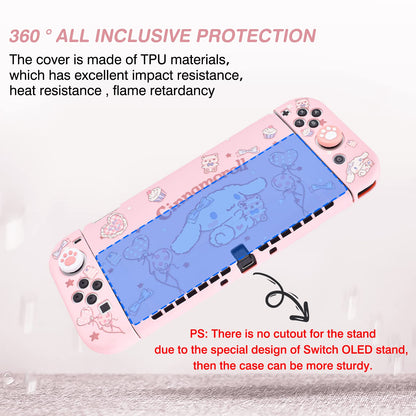 DLseego Silicone Soft Cover for Switch OLED - Cute Dog Pink, Shockproof Case with 4PC Cat Claw Thumb Grips