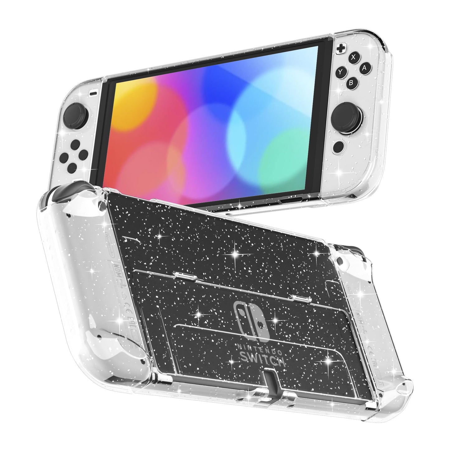 RHOTALL 3 in 1 Glitter Clear Case for Nintendo Switch OLED - Dockable, Shock-Absorbent, Anti-Scratch, Comfort Grip Shell