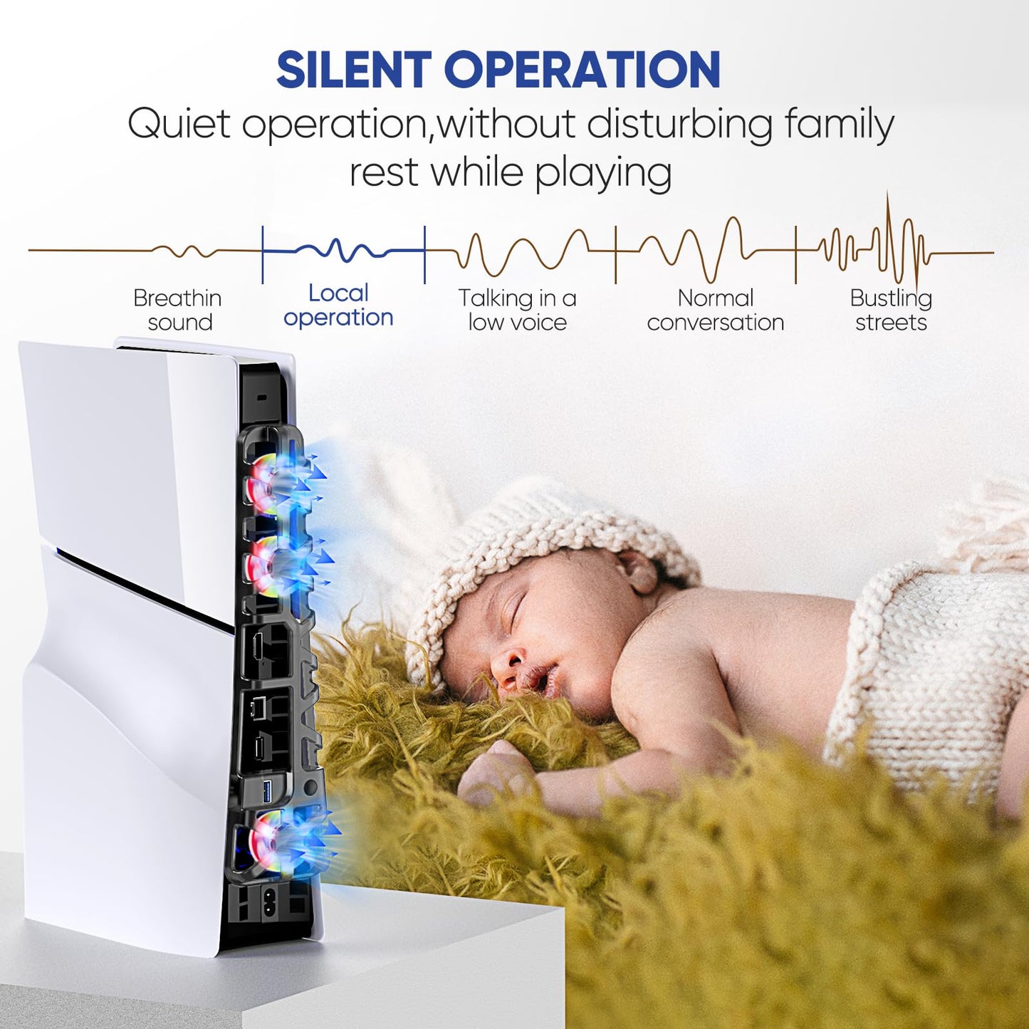 Klipdasse PS5 Slim Cooling Fan with RGB Light, Temperature Control, USB 3.0 Hub - Efficient & Quiet for PS5 Slim Disc/Digital