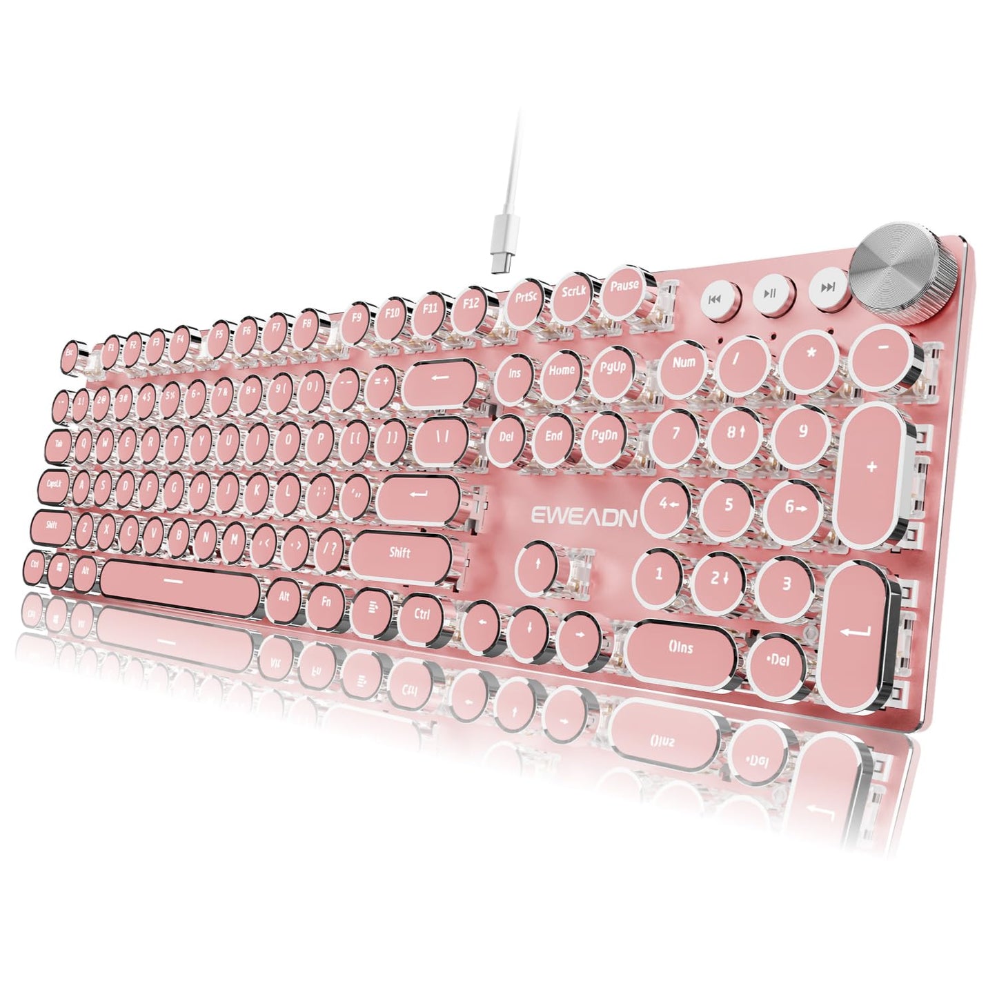 EWEADN Typewriter Style Mechanical Keyboard  Wired Typewriter Keyboards 104 Keys Backlit LED Metal Keyboards  Media Control Knob  Wired Computer Keyboard White Switch for Windows/Mac/PC-Dark Pink