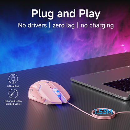 SEUNKWANG G3 Wired Gaming Mouse - 2400 DPI, 6 Macro Buttons, Metal Base, Pink