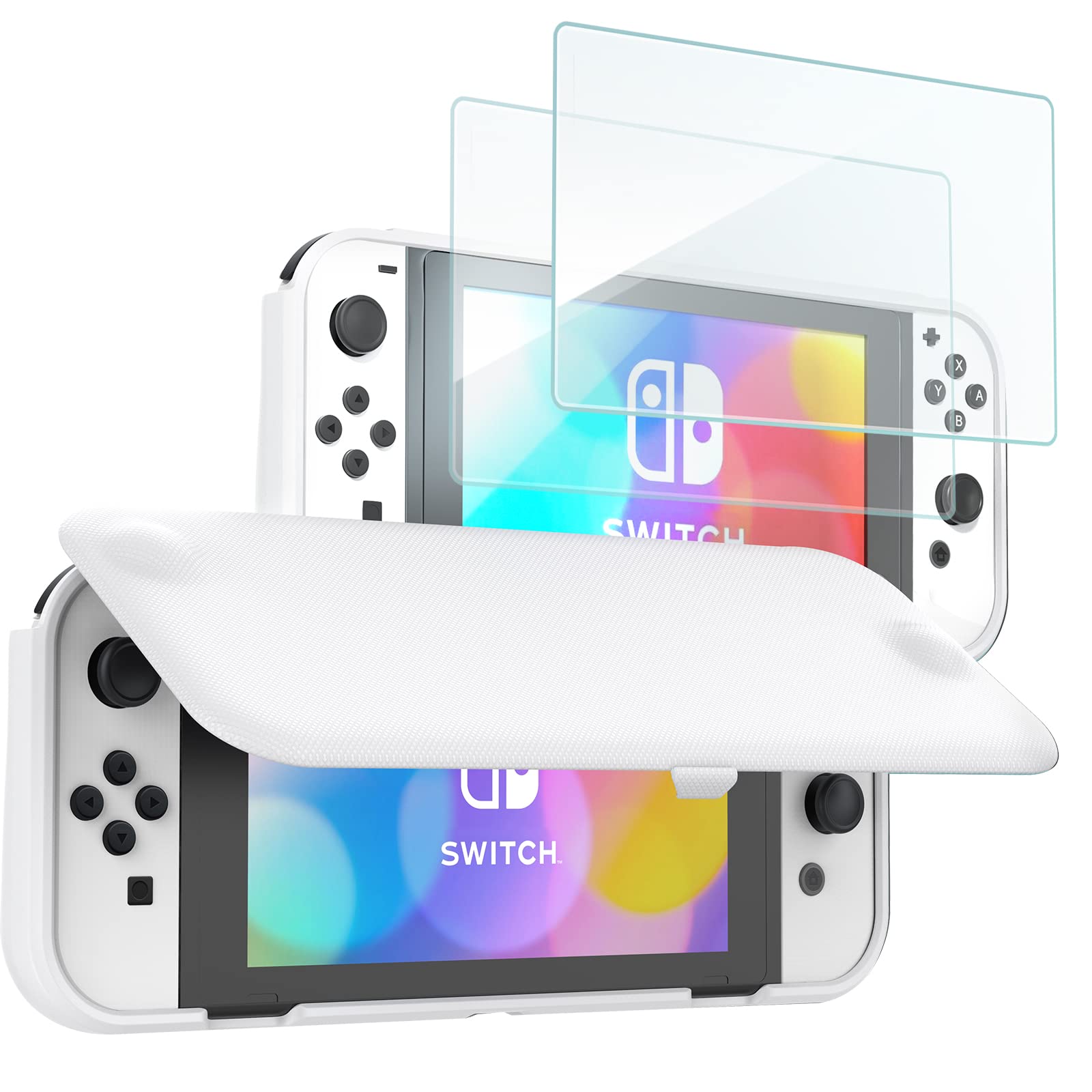 ProCase Flip Cover for Nintendo Switch OLED with 2 Pack Tempered Glass Screen Protectors  Slim Protective Case with Magnetically Detachable Front Cover for Nintendo Switch OLED 2021 -White