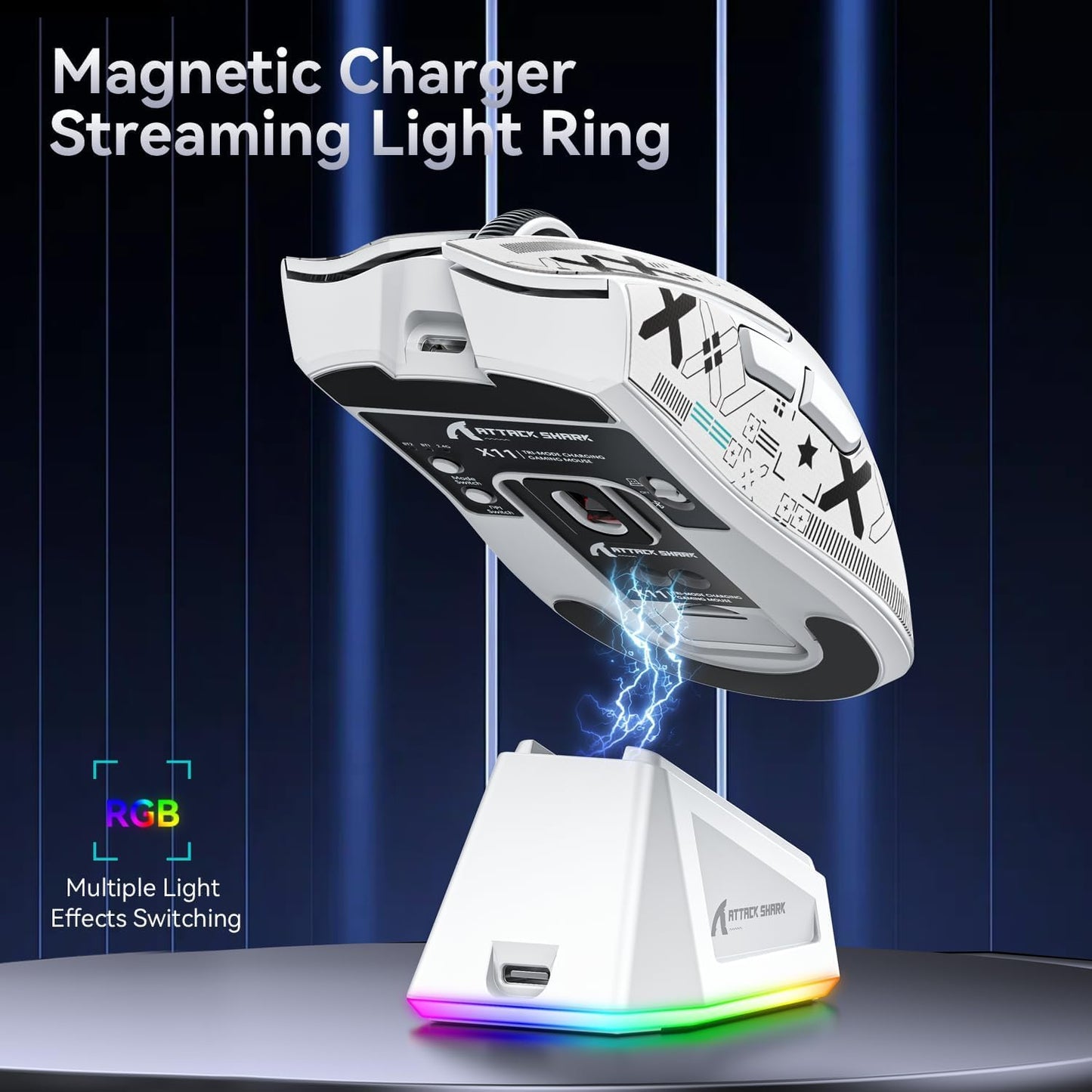 ATTACK SHARK X11 Ultra-Light Gaming Mouse 22K DPI 5 Programmable Buttons White&Sticker with Magnetic Charging Stand for PC/Mac