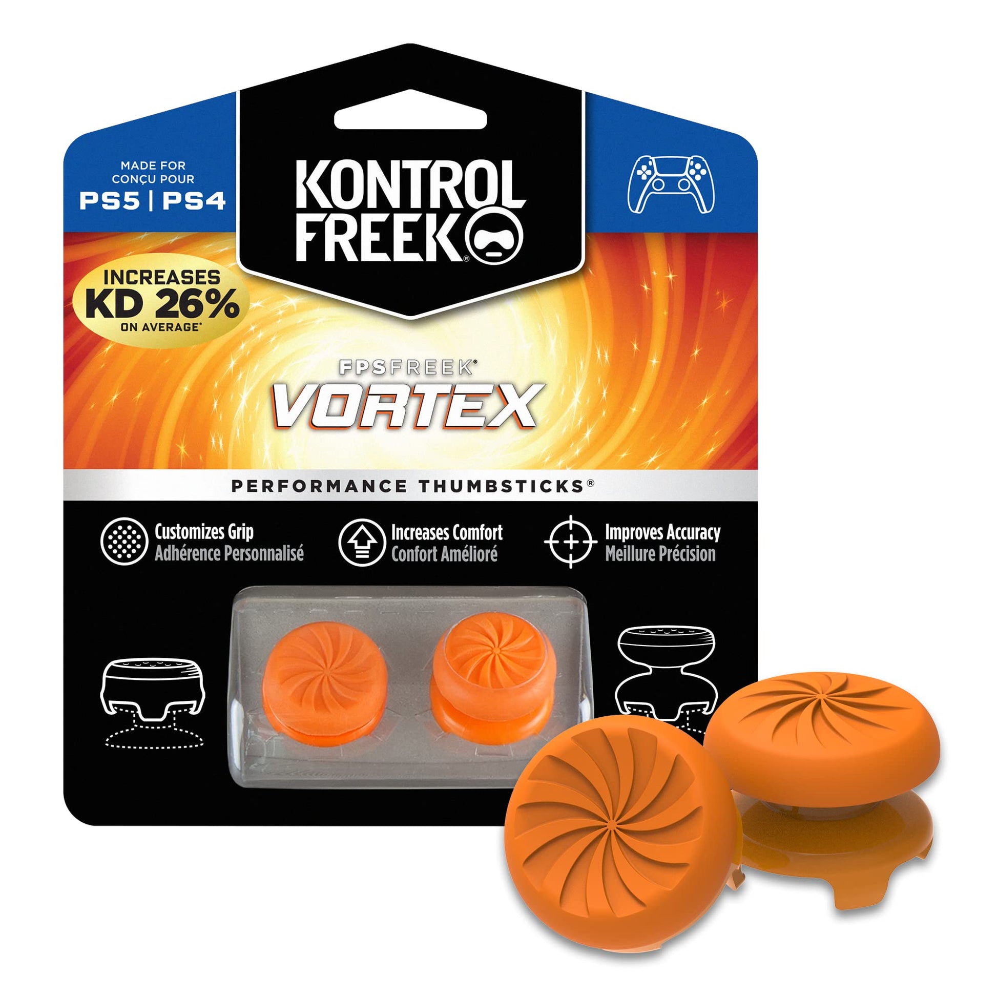 KontrolFreek FPS Freek Vortex Thumbsticks for PS4/PS5 - 1 High-Rise Convex, 1 Mid-Rise Concave, Orange, Model KFVORTEX