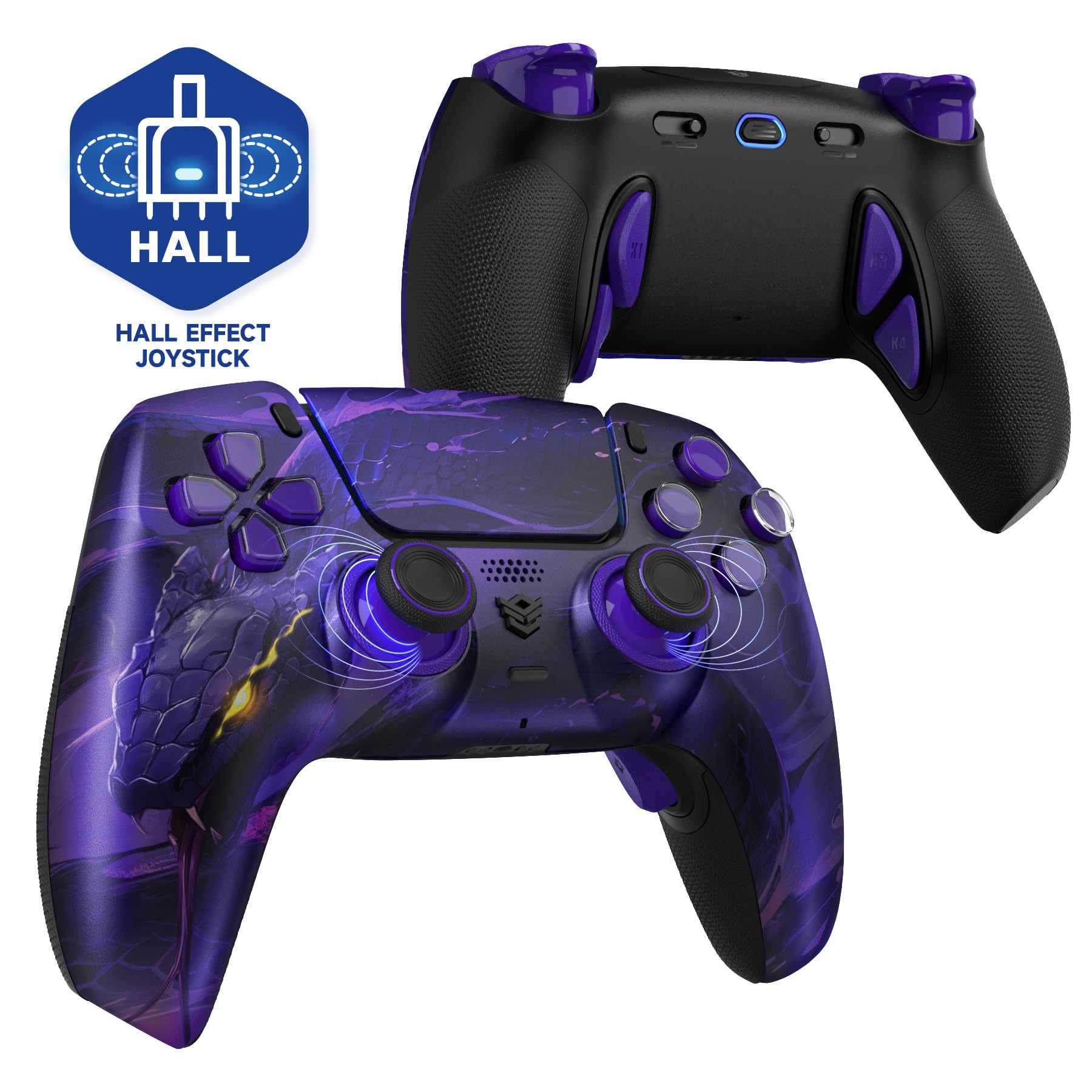HEXGAMING PHANTOM Pro Controller with 4 Remappable Buttons  6 Remapping Profiles  8 Interchangeable Analog Stick  and Adjustable Triggers Compatible with ps5  PC  Mobile - Hall Effect Orochi
