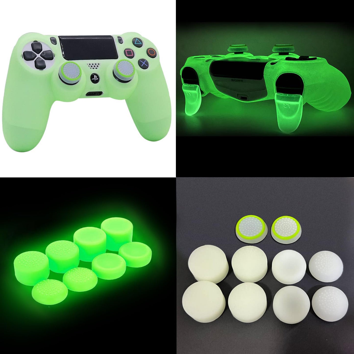 HLRAO Glow Green Anti-Slip Silicone Cover for PS4 Controller, Includes 8 Thumb Grips and 2 Glow Caps, Model SM-944