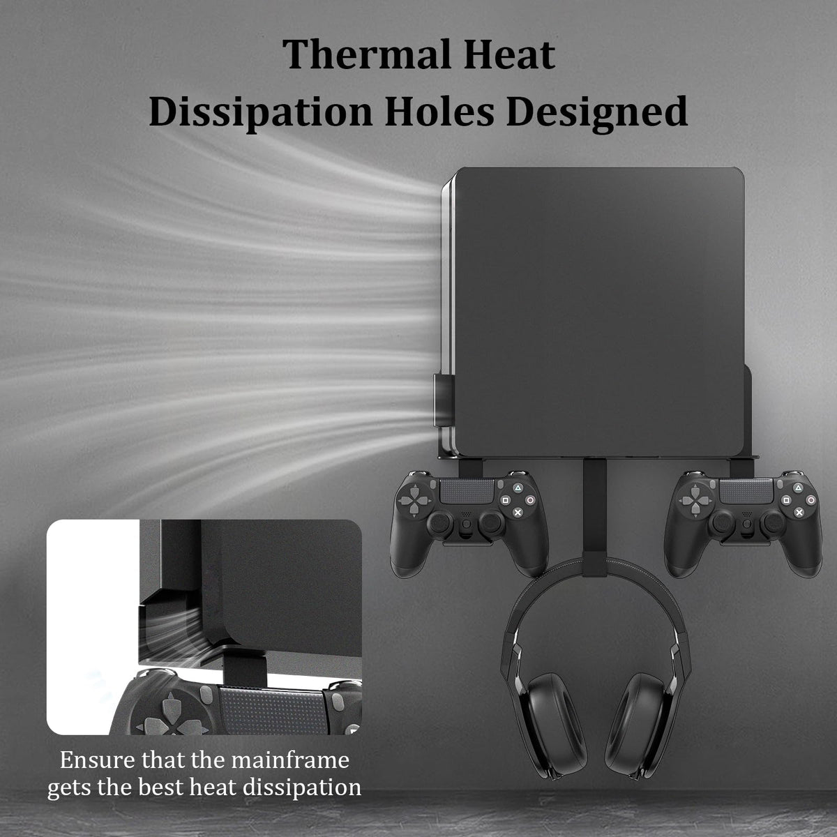 nymus Wall Mount for PS4 Slim with Controller Holder & Headphone Hanger, Metal, Black
