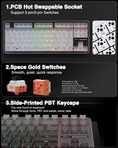 AULA F87 Pro Wireless Mechanical Keyboard - Tri-Mode BT5.0/2.4GHz/USB-C, Hot Swappable, RGB Backlit, Black, 75% TKL Design