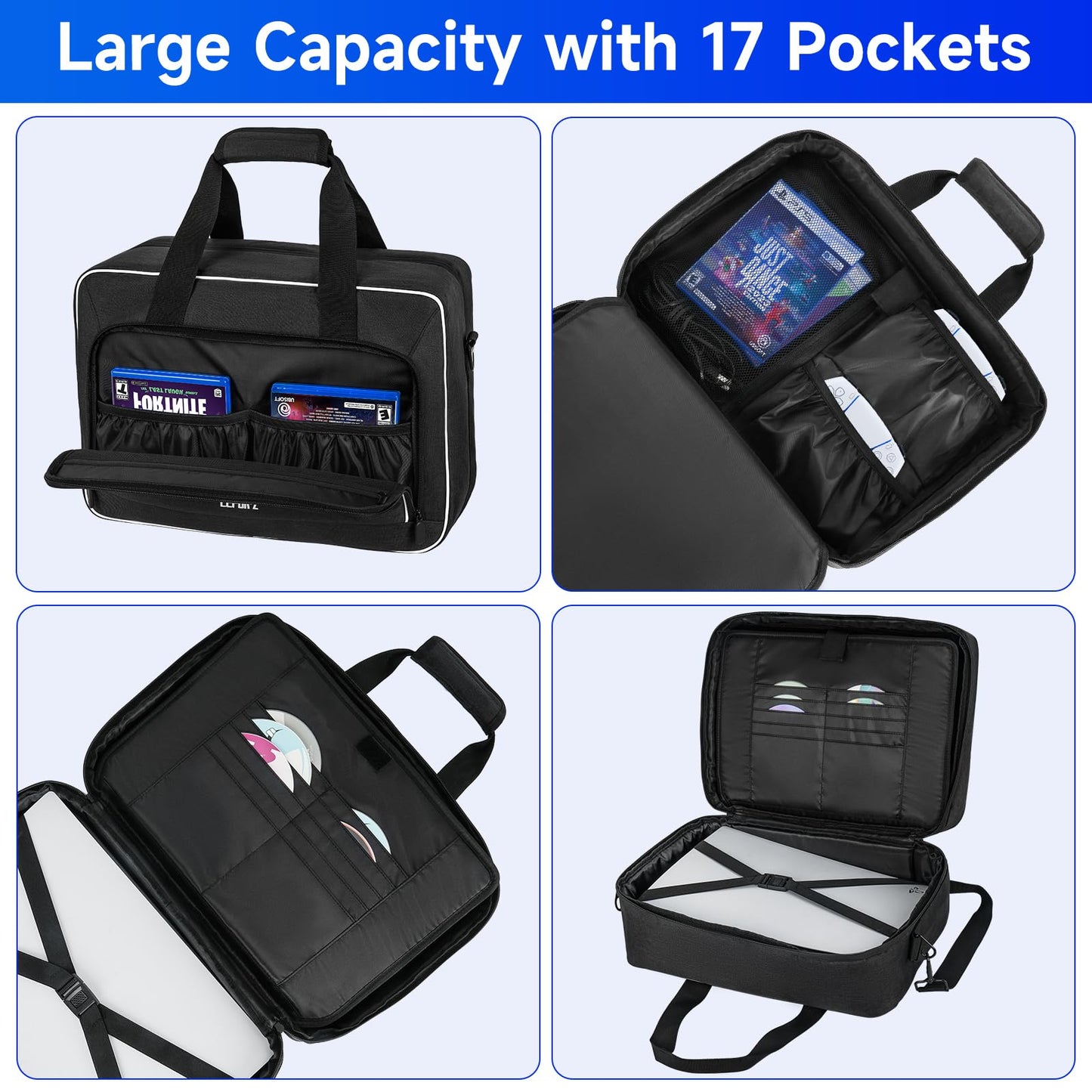 LEFOR·Z PS5 Carrying Case - 17 Pockets Travel Storage Bag, Black, 16.93"x7.48"x12.01", Thick Padding for PS5/PS4