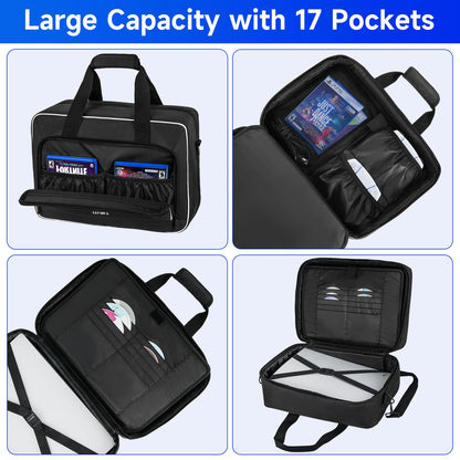LEFOR·Z PS5 Carrying Case - 17 Pockets Travel Storage Bag, Black, 16.93"x7.48"x12.01", Thick Padding for PS5/PS4
