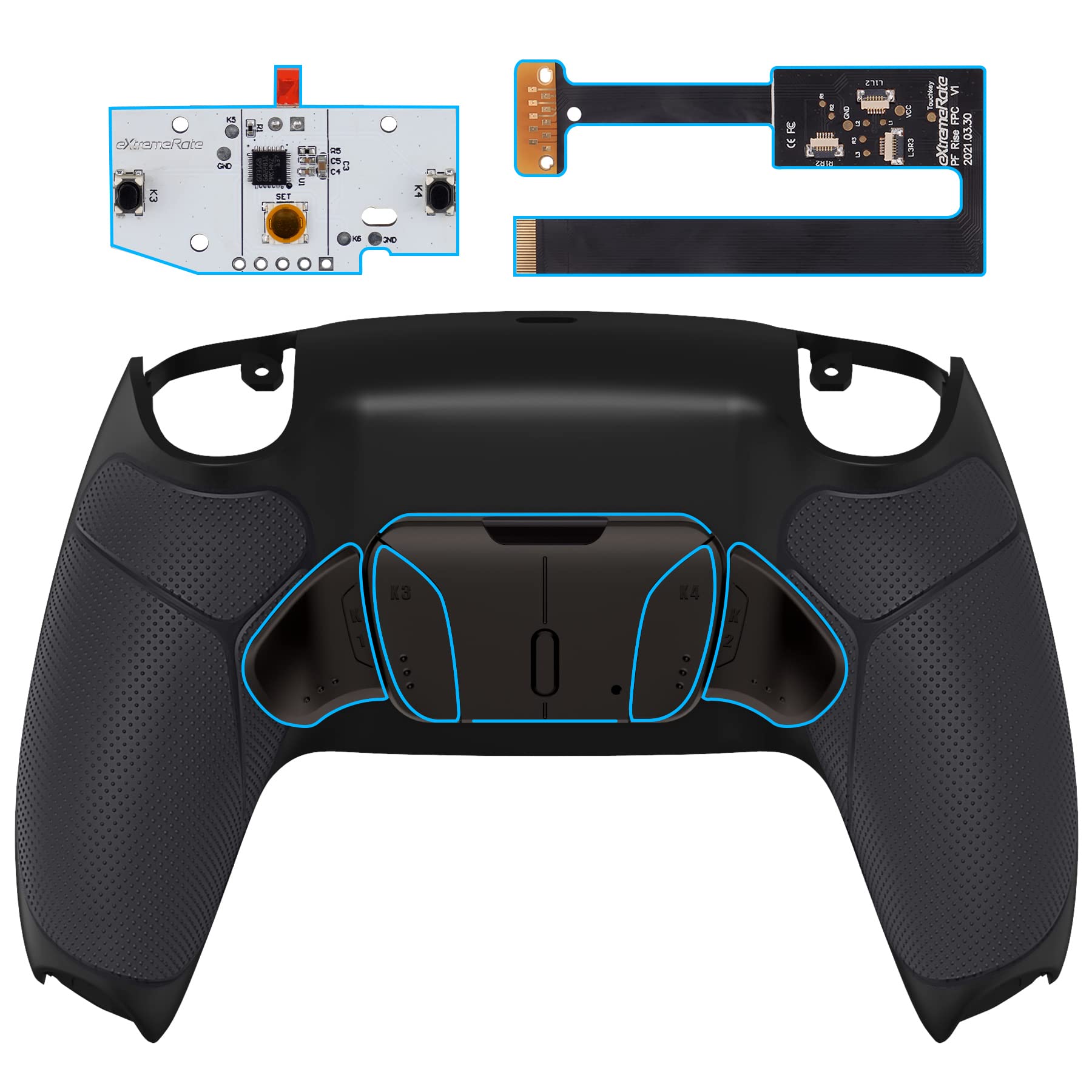 eXtremeRate Black Real Metal Buttons (RMB) Version RISE4 Remap Kit for PS5 Controller BDM-010 020 with Black Rubberized Grip Redesigned Back Shell  Upgrade Board and 4 Back Buttons for PS5 Controller